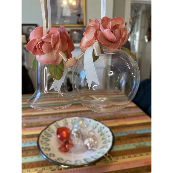 VINTAGE Victorian Hand Blown Glass Christmas Ornaments Roses Lot Of 2 Bell Ball - Picture 1 of 13